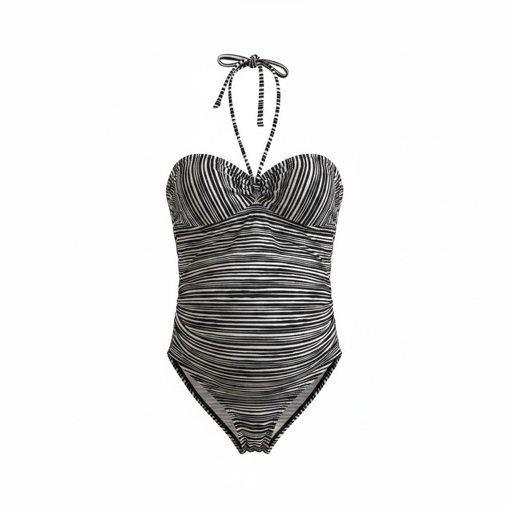 Isabel Maternity NWT‎ Womens L Swimsuit Black White Striped Halter One Piece